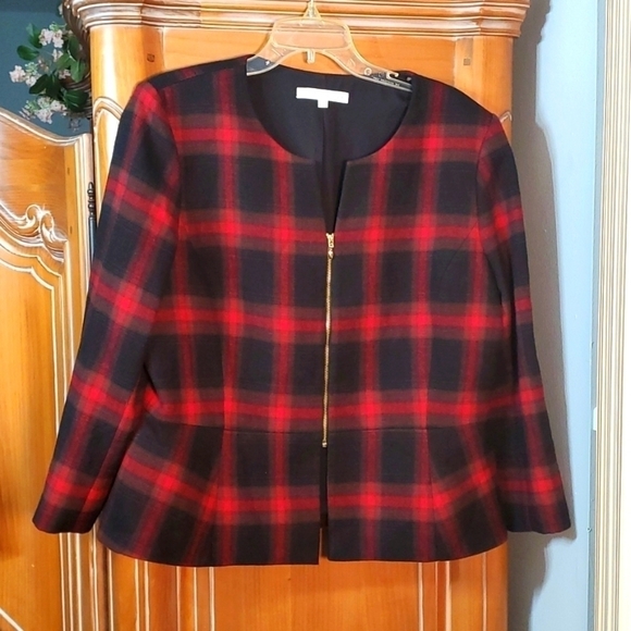 Preston & York, red & black  plaid blazer jacket, Preppy exposed zipper. Sz 16. - Picture 1 of 10